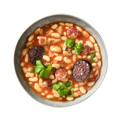 Asturiana fabada with haricot, tomatoes, morcillas or blood sausage in gray bowl isolated on white. View from above. Popular Spanish cuisine.