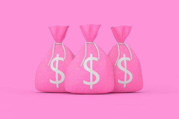 Pink Tied Rustic Canvas Linen Money Sacks or Money Bags with Dollar Sign. 3d Rendering