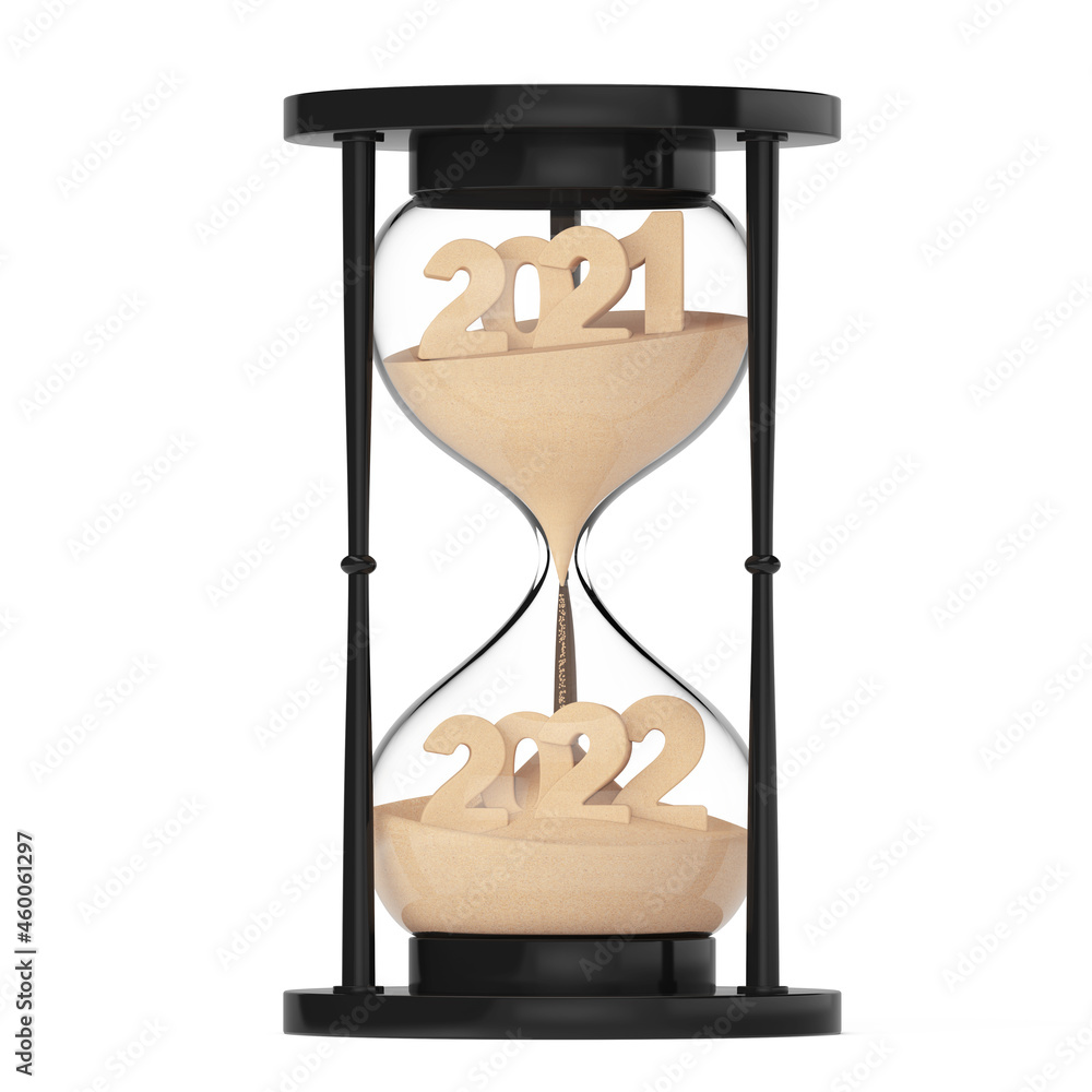 Poster New 2022 Year Concept. Sand Falling in Hourglass Taking the Shape from 2021 to 2022. 3d Rendering
