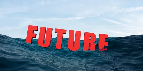 Foto auf Acrylglas Das Wort Zukunft versinkt im stürmischen Ozean. Symbol für den steigenden Meeresspiegel aufgrund der globalen Erwärmung und Zukunftssorgen. Klima- und Umweltkonzept. 3D-Darstellung. © Westlight