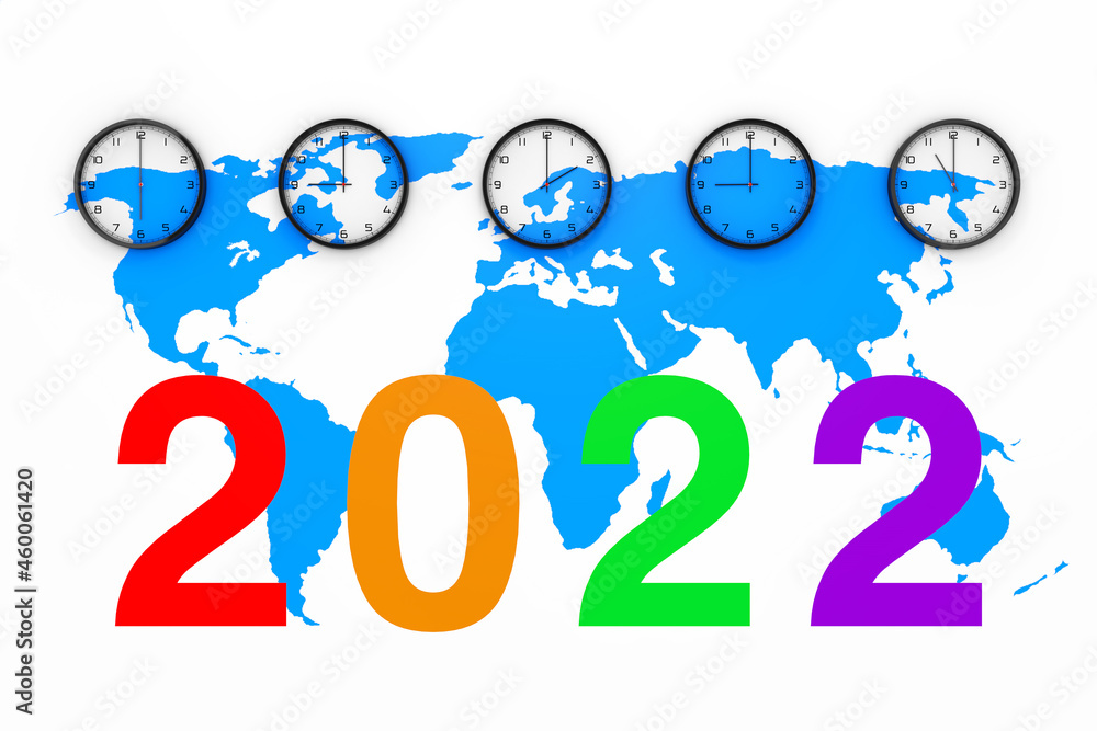 Poster Set of Clocks with Different World Time, Blue World Map and New 2022 Year Sign. 3d Rendering