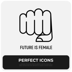 Obraz premium Future is female thin line icon: women's fist. Modern vector illustration.
