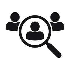 Magnifying glass looking for people icon, employee search symbol concept, headhunting, staff selection, vector illustration. Job search icon.