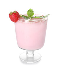 Glass of strawberry Pina Colada cocktail on white background
