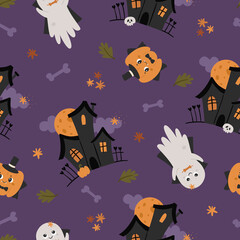 Halloween seamless pattern with cute ghosts.