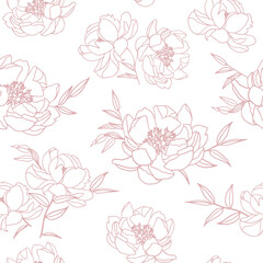 Rose, peony flower seamless pattern. Vector hand drawn seamless floral background with botanical rose, leaves. Great for invitations, fabric, print, greeting cards decor