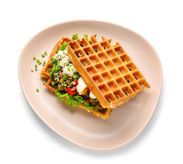 Tasty Belgian waffles with vegetables on white background