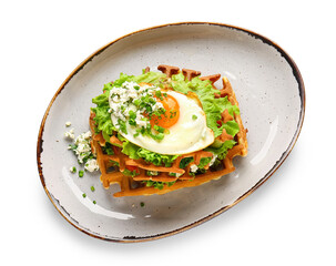 Delicious Belgian waffles with egg on white background