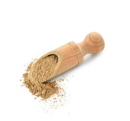 Scoop with hojicha powder on white background