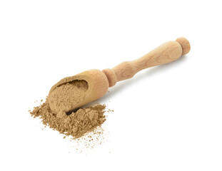 Scoop with hojicha powder on white background