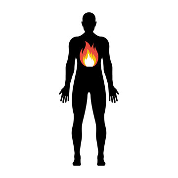 recommend clip art: Fire in the abdomen of man. Black silhouette of a young man. Heartburn icon. Fire in stomach. Intestinal disease. Sick stomach. Gastric gases. Vector illustration flat design.