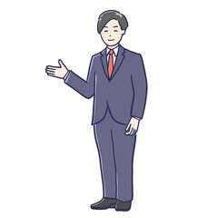 右手を出して案内するスーツ男性のイラスト