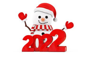 Snowman in Santa Claus Hat Character Mascot with New Year 2022 Sign. 3d Rendering