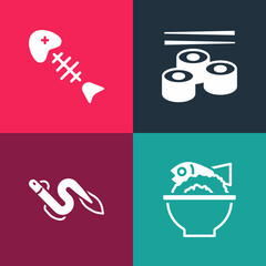 Set pop art Served fish on a bowl, Eel, Sushi and Fish skeleton icon. Vector