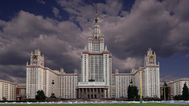 The Main building of Lomonosov Moscow State University on Sparrow Hills (night). It is the highest-ranking Russian educational institution. Russia
