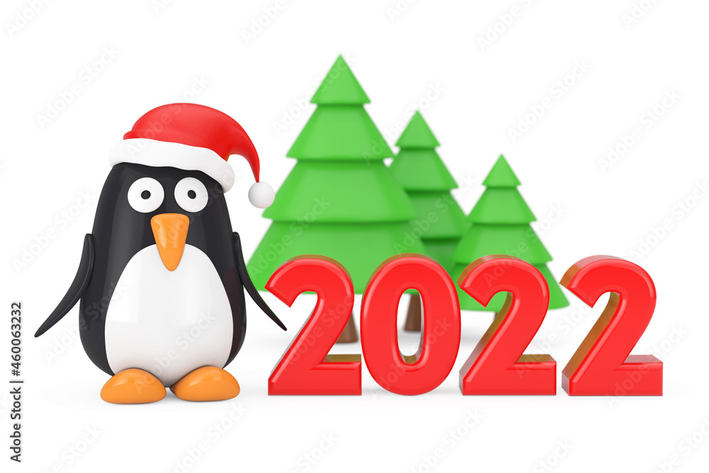 Aufkleber green trees and cartoon penguin character with santa hat near 2022 new year sign. 3d rendering