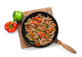 Frying pan with delicious beef Fajita on white background