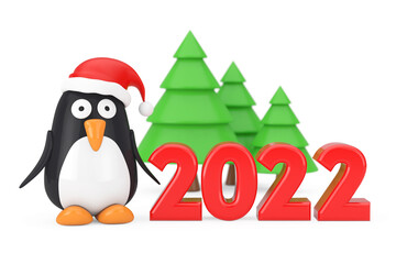 Green Trees and Cartoon Penguin Character with Santa Hat near 2022 New Year Sign. 3d Rendering