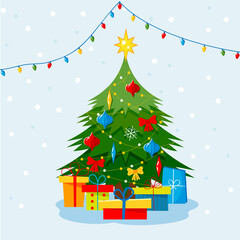 Christmas tree with star, gift boxes, star, lights, decoration balls and lamps. Vector flat plane style illustration.