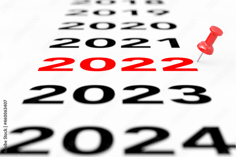 Poster new 2022 year sign with red pin marker. 3d rendering