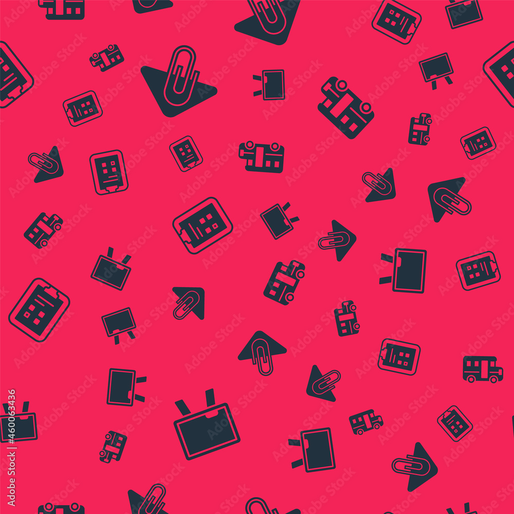 Poster set chalkboard, paper clip, exam sheet with check mark and school bus on seamless pattern. vector
