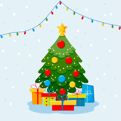 Christmas tree with star, gift boxes, star, lights, decoration balls and lamps. Vector flat plane style illustration.	