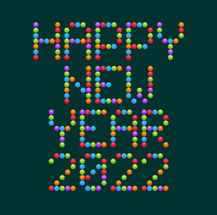 Gold Happy New Year 2022 Vector circle dot typography. Holidays greeting card illustration. Geometric New year Posters like electronic scoreboard.