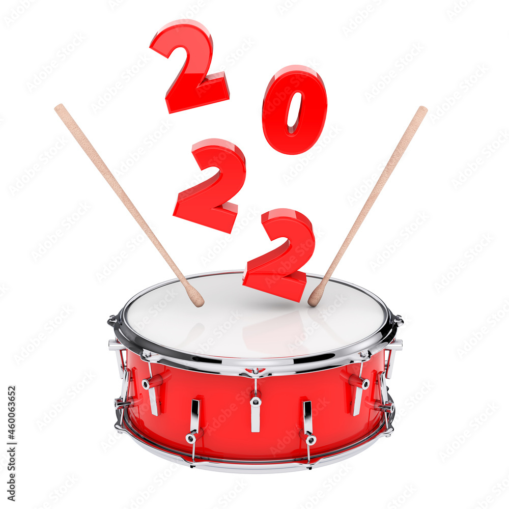 Poster red snare drum with pair of drum sticks and 2022 new year sign. 3d rendering