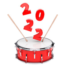 Red Snare Drum with Pair of Drum Sticks and 2022 New Year Sign. 3d Rendering