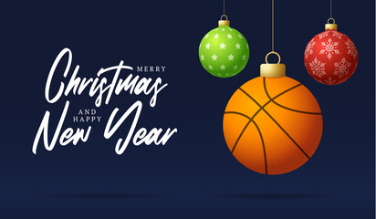 basketball Merry Christmas and Happy New Year luxury Sports greeting card. basketball ball as a Christmas ball on background. Vector illustration.