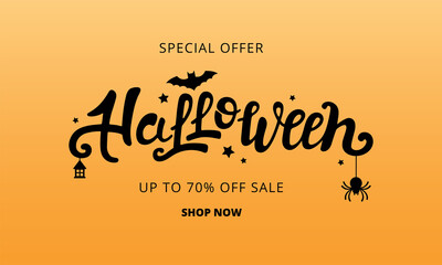 Halloween vector handwritten lettering design. Festive calligraphy with spider, bat, stars, lantern  for sale special offer banner, poster,  card. Isolated illustration.