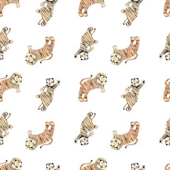 Watercolor cute tigers seamless pattern boho style. Great for wrapping paper, nursery decor, kids fabric. New year2022 symbol wild tiger