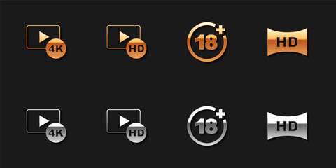 Set Screen tv with 4k, Hd movie, tape, frame, Plus 18 and icon. Vector