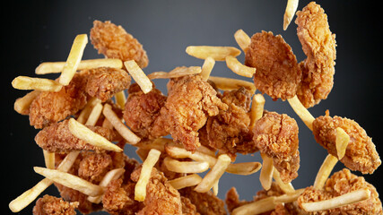Freeze motion of flying pieces of fried chicken pieces and fries
