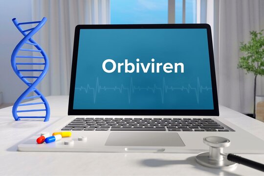 Orbiviren. Laptop mit Begriff/Text auf Monitor. Computer von Arzt im B&uuml;ro. DNA und Stethoskop. Medizin, Gesundheitswesen