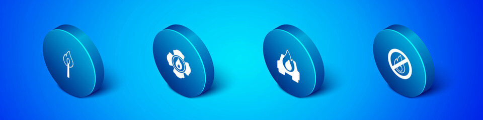 Set Isometric Burning match with fire, car, No and Firefighter icon. Vector