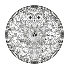 Zendala with owl on white. Design Zentangle. Hand drawn mandala with abstract patterns on isolation background. Design for spiritual relaxation for adults. Black and white illustration for coloring