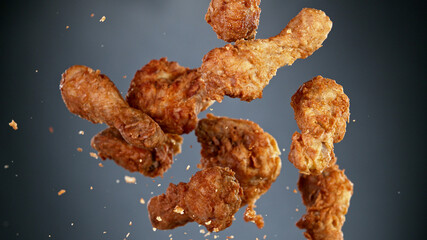 Freeze motion of flying pieces of fried chicken pieces