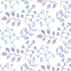 Hand drawn watercolor winter seamless pattern with plant. Botanic illustration.