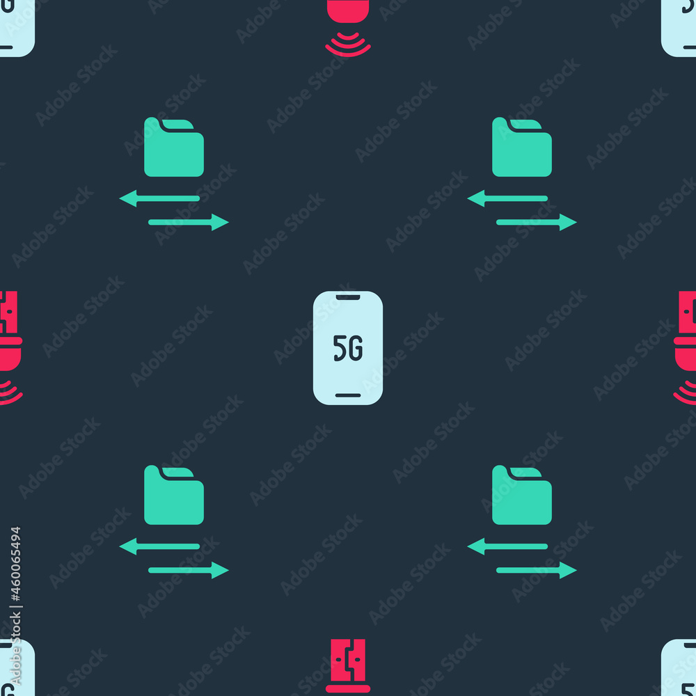 Poster set usb wireless adapter, mobile with 5g and transfer files on seamless pattern. vector