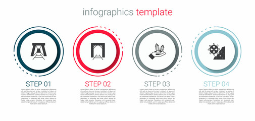 Set Mine entrance, Gem stone and Bucket wheel excavator. Business infographic template. Vector