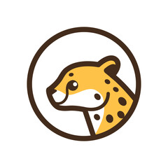 Cartoon head of cheetah . Сute animal character. Simple contour vector illustration for emblem, badge, insignia.