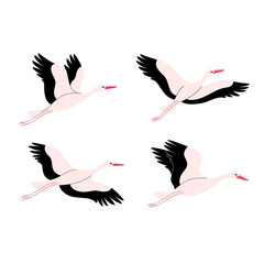 Cartoon stork icon set. Cute bird in different poses. Vector illustration for prints, clothing, packaging, stickers.