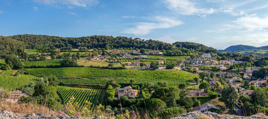 Valley with typical provencal landscape from the famous Vaison la Romaine Provence medieval village in Southern France - obrazy, fototapety, plakaty