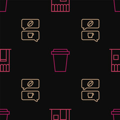 Set line Coffee shop, and conversation and cup to go on seamless pattern. Vector