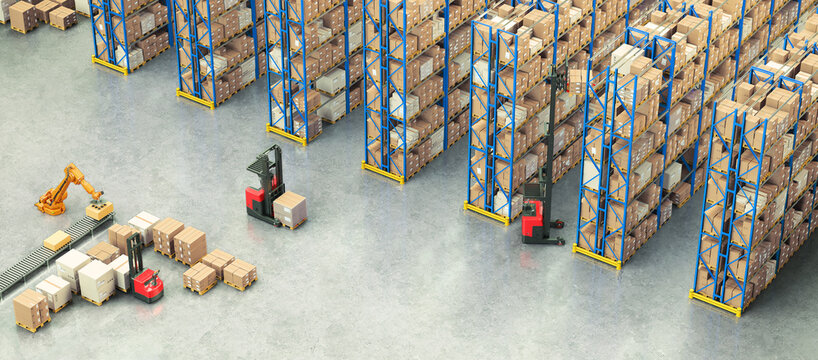 Warehouse Scene with High Shelves and Reach Fork Track. Logistics Concept. 3D illustration	