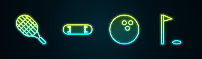 Set line Tennis racket, Skateboard trick, Bowling ball and Golf flag. Glowing neon icon. Vector