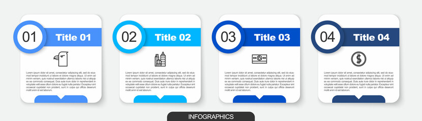 Set line Eagle head, City landscape, Stacks paper money cash and Coin with dollar. Business infographic template. Vector