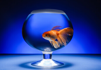 Beautiful gold fish in bowl on color background