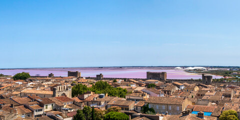 The salt marshes of Aigues-Mortes in Camargue, southern France, seen from the ramparts of the old...